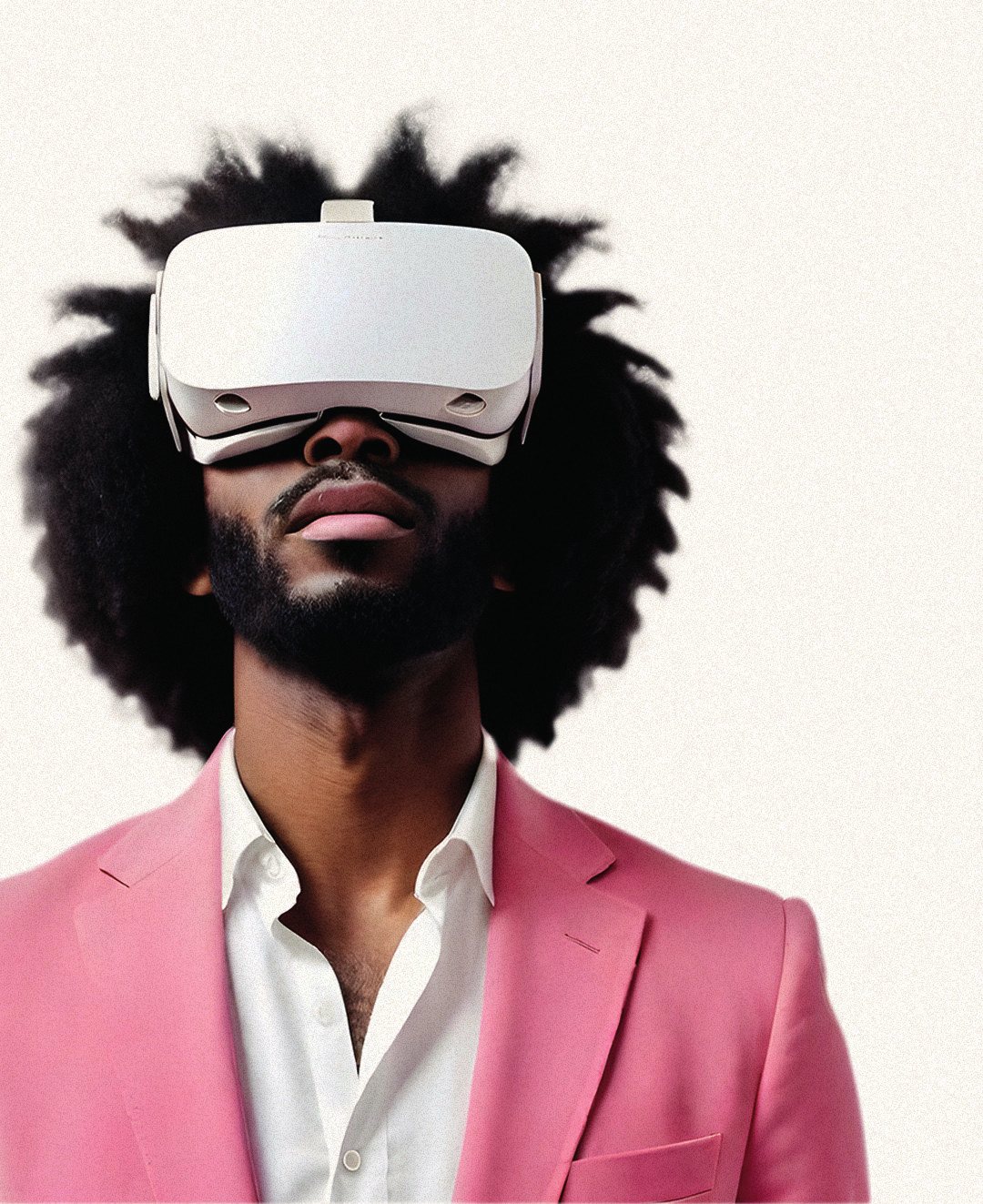 Hombre con gafas de realidad virtual y saco rosado.